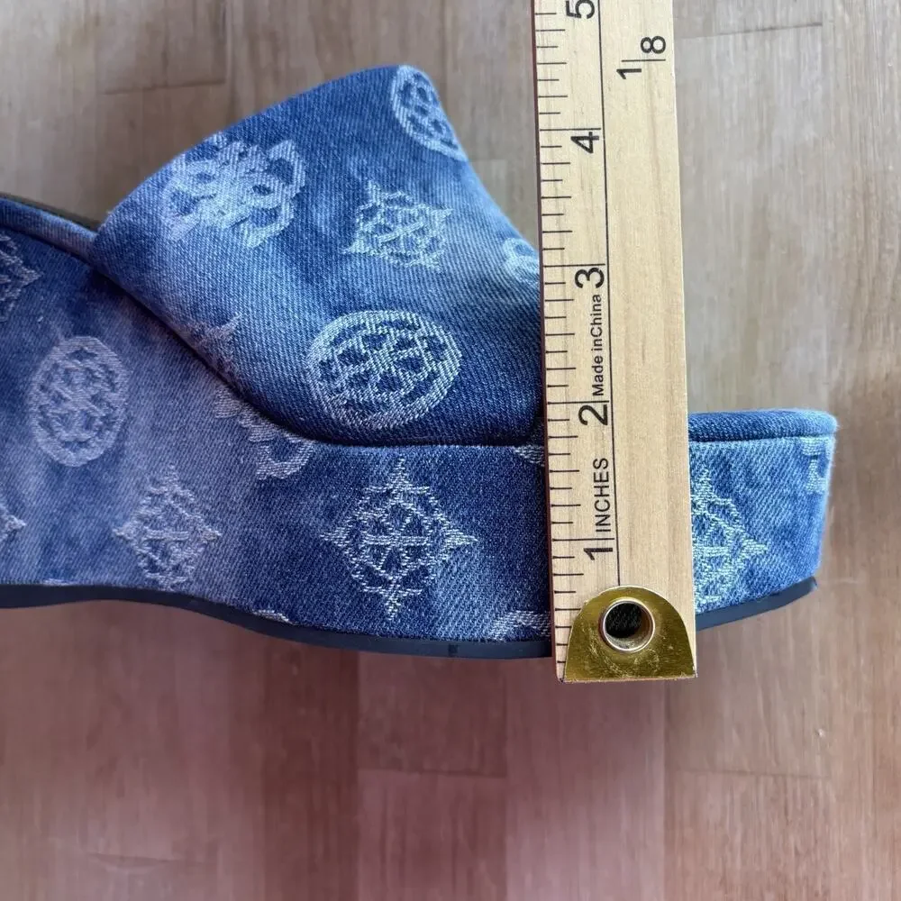 Guess Denim Logo Wedge Mules Women’s 8M Blue Slip On Platform Shoes New - Picture 9 of 10
